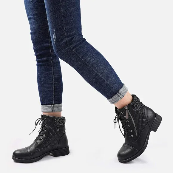 Women's Vegan Faux Leather Combat Booties Ankle Lace Up Rubber Sole